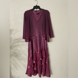 Komarov crinkle charmeuse and chiffon tiered midi dress and matching jacket $550